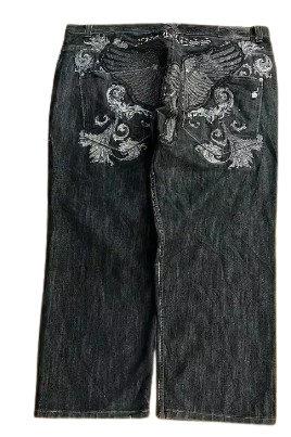 Skull Wings Embroidered Baggy Jeans