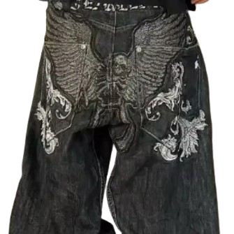 Skull Wings Embroidered Baggy Jeans